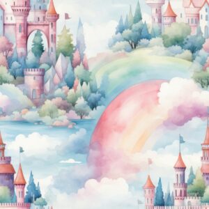 Enchanting Rainbow Watercolor Castles Seamless Pattern