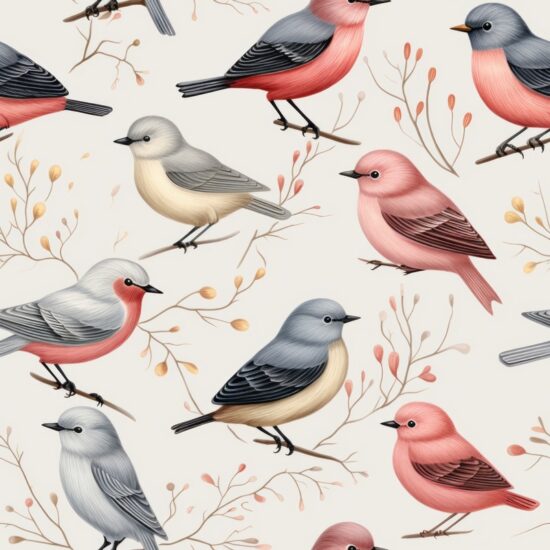 Engraved Birds with Subtle Grey Minimalistic Seamless Pattern