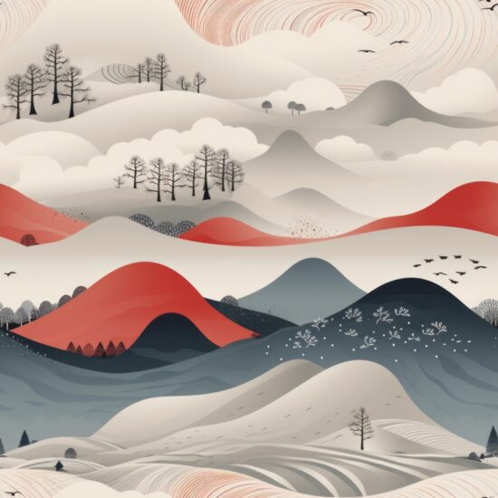 Engraved Mountain Scenery on Grey Seamless Pattern