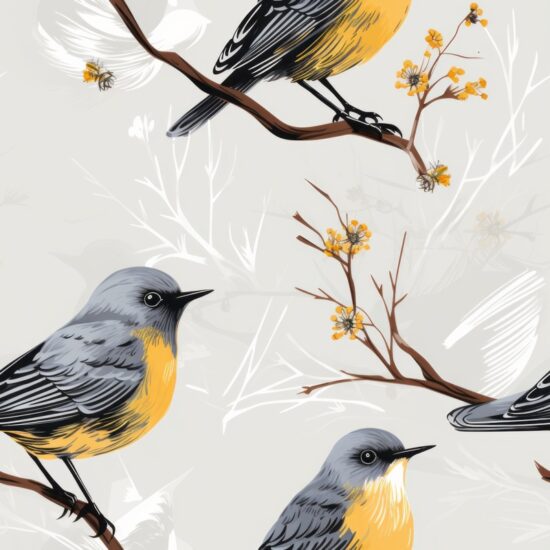 Engraving Birds: Subtle Grey with Yellow Seamless Pattern