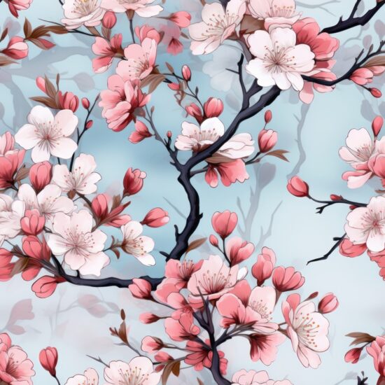 Ethereal Japanese Ink Wash Cherry Blossoms Seamless Pattern