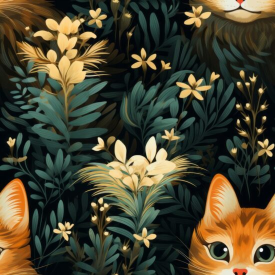 Feline Flora: Botanical Cat Illustration Seamless Pattern