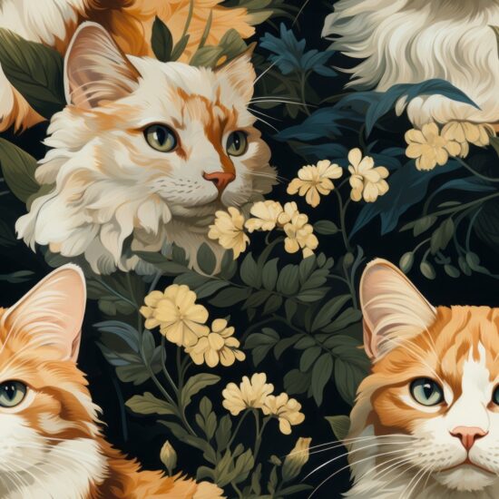 Feline Flora: Botanical Cat Painting Seamless Pattern