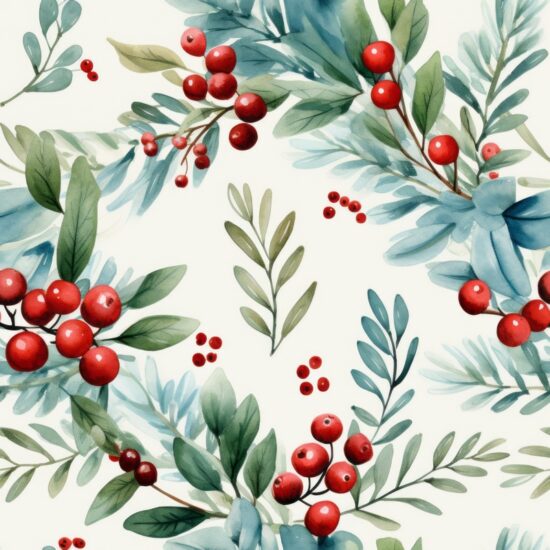 Festive Watercolor Winter Wreaths - Food & Fruit Seamless Pattern