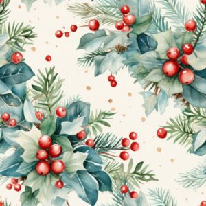 Festive Winter Watercolor Wreaths: Floral & Conifer Design Seamless Pattern