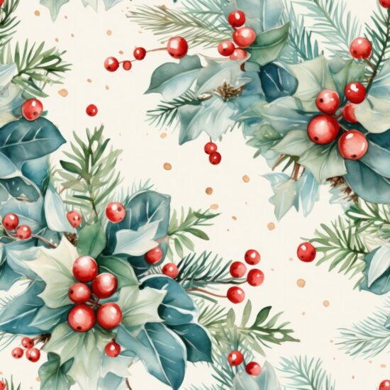 Festive Winter Watercolor Wreaths: Floral & Conifer Design Seamless Pattern