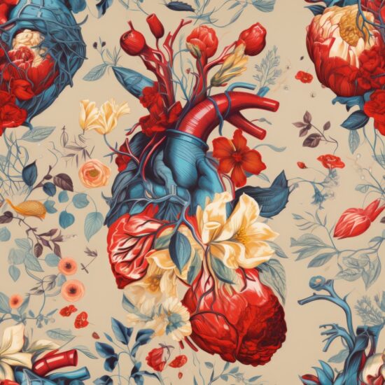 Floral Anatomical Heart Collage Seamless Pattern