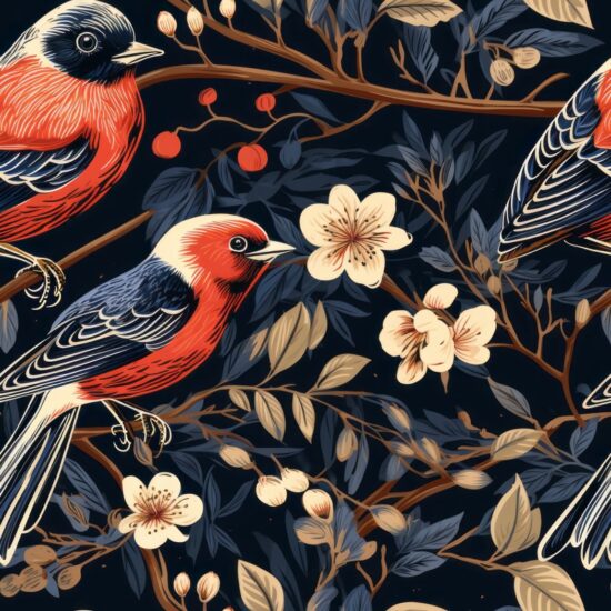 Floral Bird Linocut Pattern - Finch Seamless Pattern