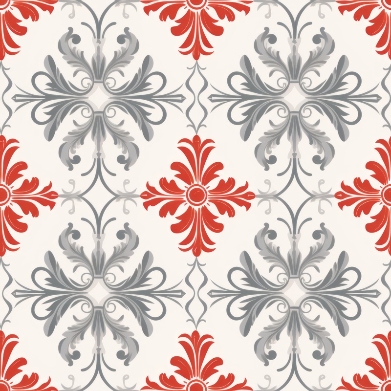 Floral Crosshatching Elegance: Grey and Red Damask Seamless Pattern