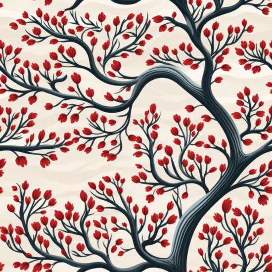 Floral Oak Woodcut: Clean Grey & Red Seamless Pattern