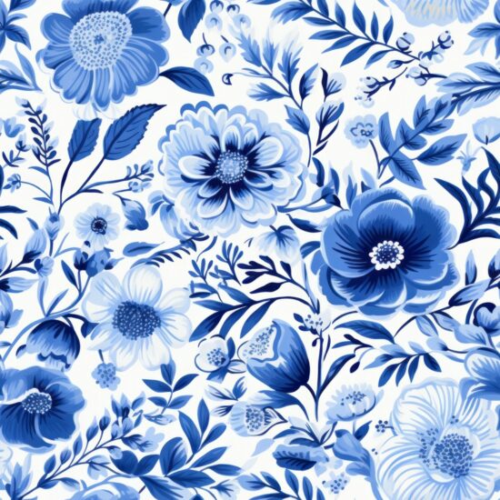 French Blue Porcelain Blossoms Seamless Pattern