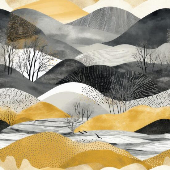 Golden Hued Landscape Masterpiece: Painted Serenity Seamless Pattern