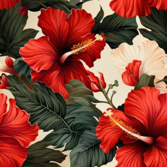 Hibiscus Botanical Illustration Seamless Pattern