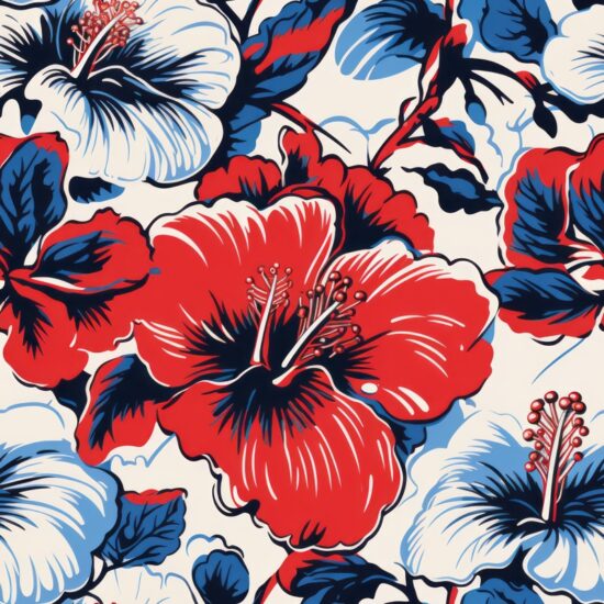 Hibiscus Linocut Blossom Design Seamless Pattern