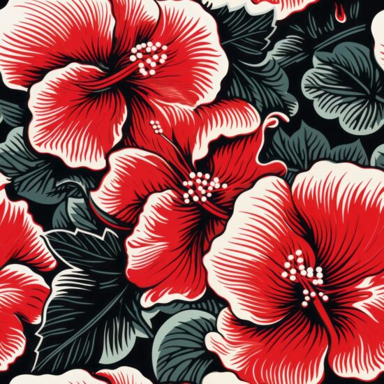 Hibiscus Linocut Prints Seamless Pattern