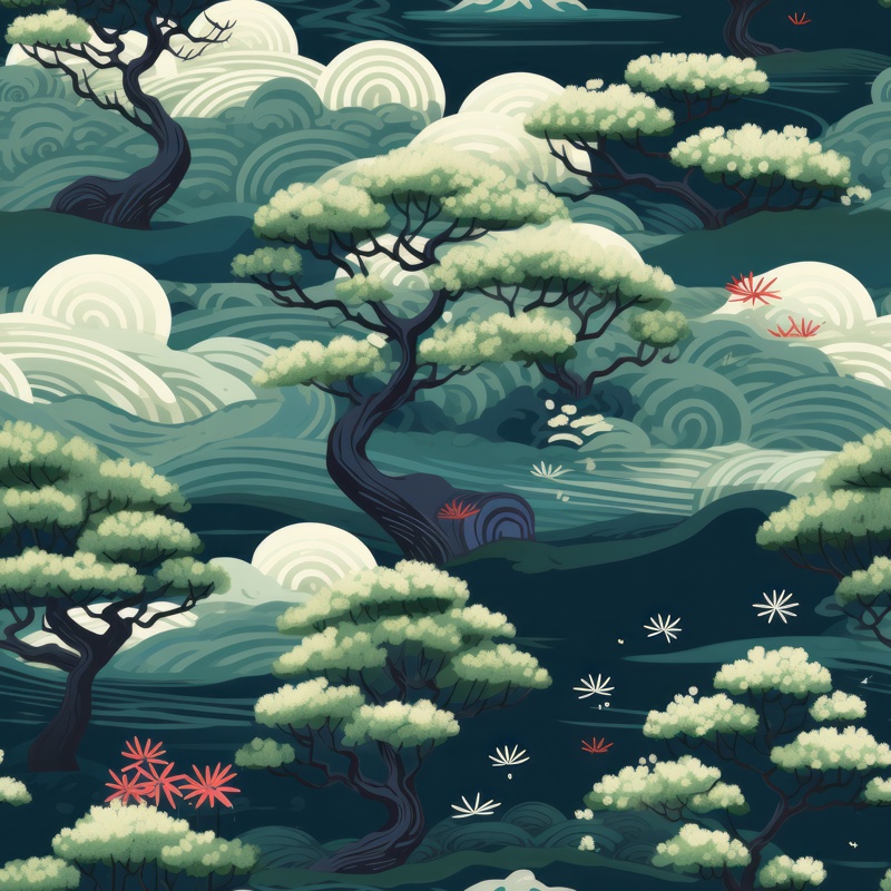 Japanese Bonsai: Serene Nature Art Seamless Pattern