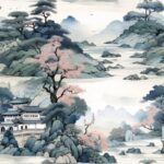 Japanese Ink Wash Zen Gardens Seamless Pattern