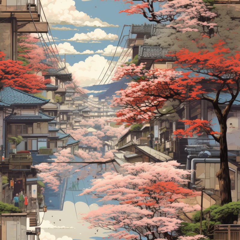 Japanese Street Scene Illustration Seamless Pattern
