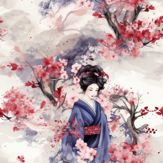 Japanese Watercolor Geisha Elegance Seamless Pattern