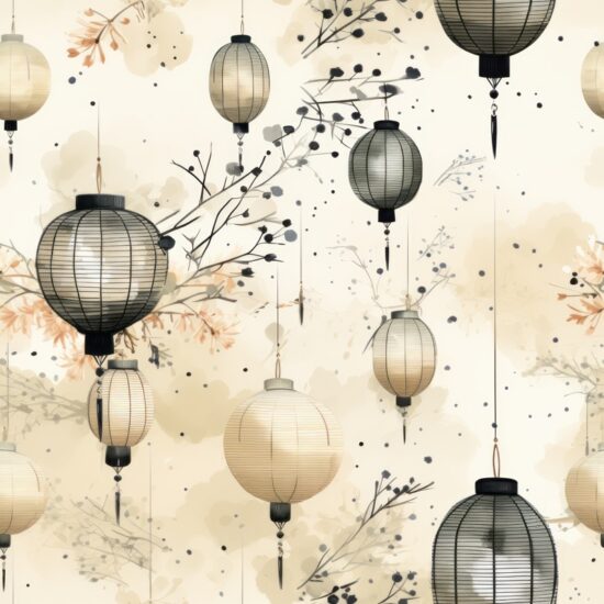 Luminous Japanese Lanterns: Ink Wash Elegance Seamless Pattern
