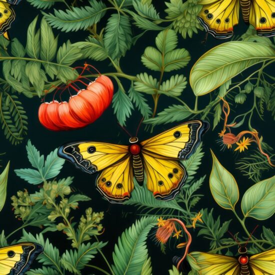 Lush Jungle Flora with Caterpillar Seamless Pattern