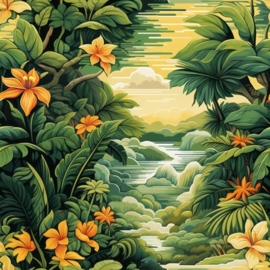 Lush Tropical Land in Stunning Illustration Seamless Pattern