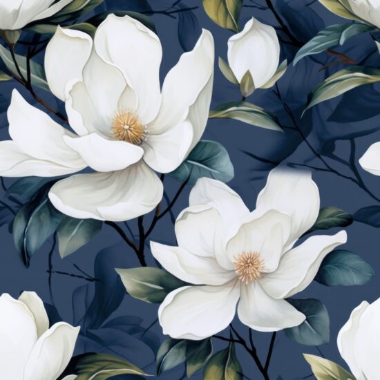 Magnolia Bloom on Grayscale Navy Seamless Pattern