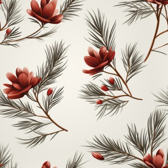 Minimalistic Engraved Pine with Floral Design Seamless Pattern