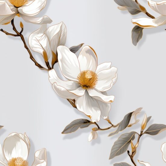 Minimalistic Magnolia: Naturalistic Grey & Gold Floral Seamless Pattern