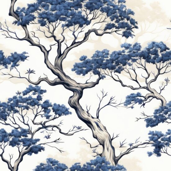 Minimalistic Oak Engraving Painting Navy Grey Seamless Pattern