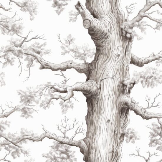 Minimalistic Oak Sketch on Grey Background Seamless Pattern
