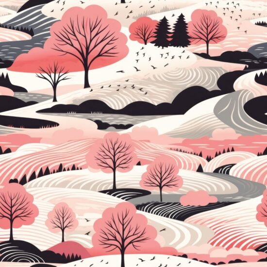 Minimalistic Woodcut Landscapes: Subtle Grey & Pink Seamless Pattern