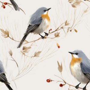 Naturalistic Bird Elegance: Gold & Grey Seamless Pattern