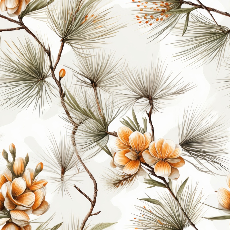 Naturalistic Pine with Floral Flair Seamless Pattern