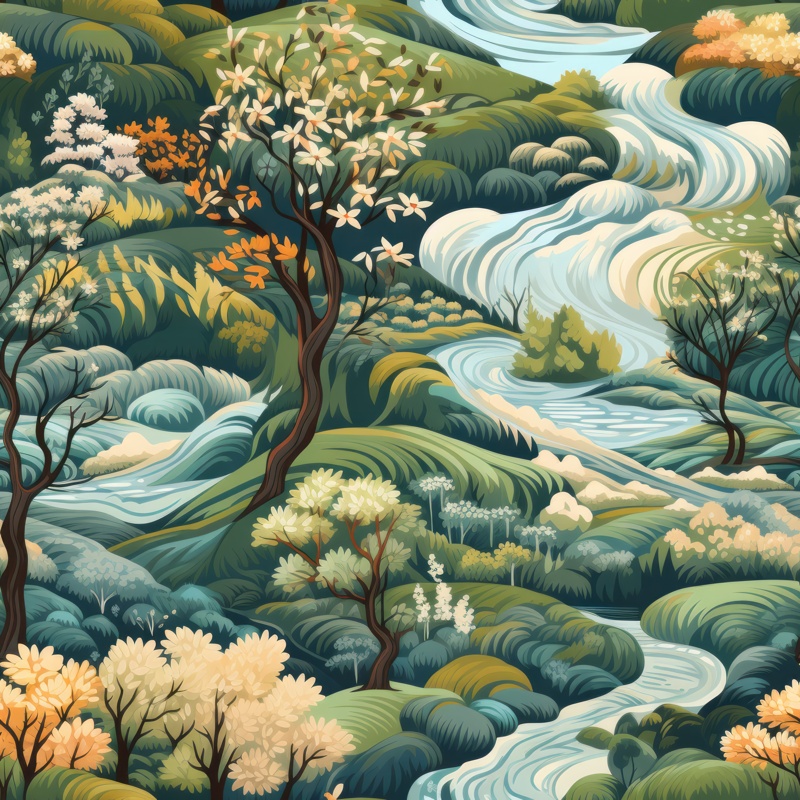 Natures Tranquil Meadow: Illustrated Painting Seamless Pattern