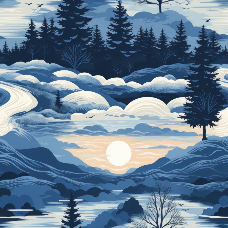 Natures Woodcut: Serene Landscape Pattern Seamless Pattern