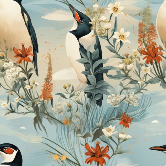 Penguin Paradise Botanical Illustration Seamless Pattern
