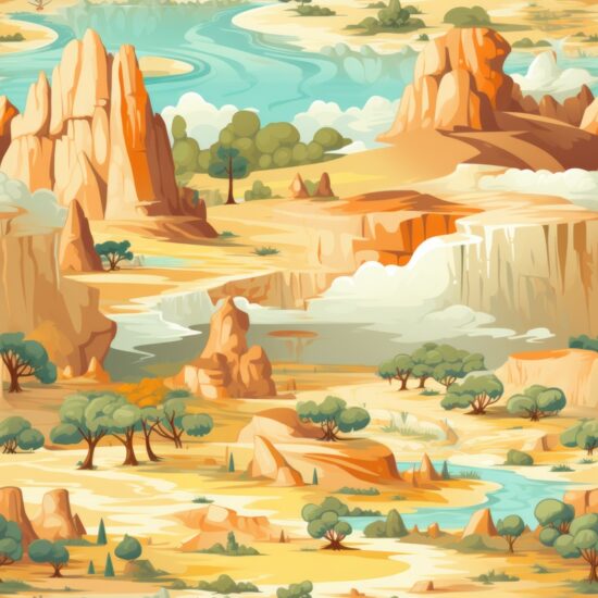 Prehistoric Cartoon Landscapes: Painting Collection Seamless Pattern