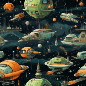 Sci-Fi Spaceship Adventure: Boat Painting Seamless Pattern