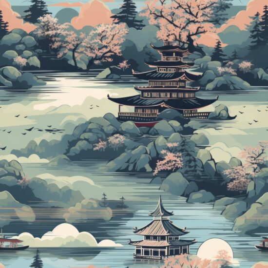 Serene Japanese Pagoda Paradise Seamless Pattern