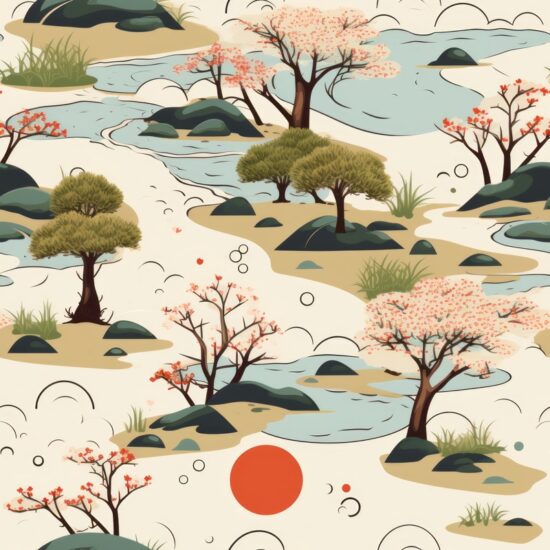 Serene Traditional Japanese Garden Painting Seamless Pattern