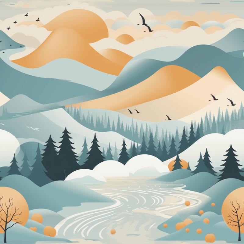 Serene Turquoise Landscape Illustration Seamless Pattern