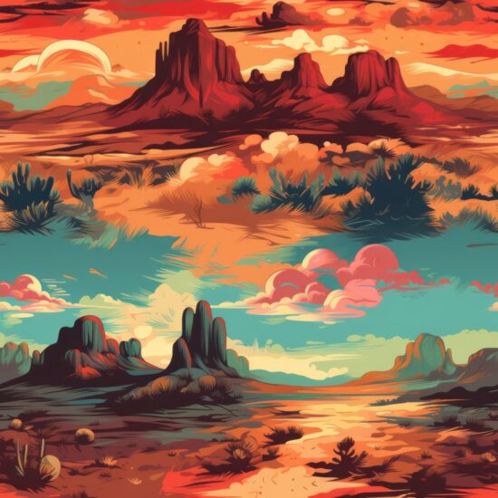 Southwestern Sunset Landscape Illustration Seamless Pattern
