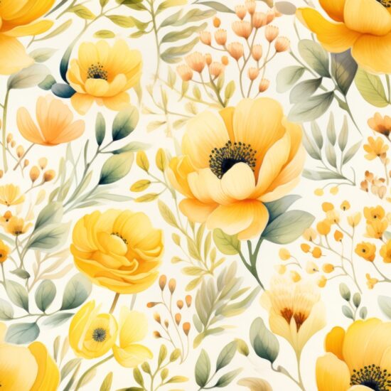 Subtle Yellow Watercolor Blooms Floral Seamless Pattern