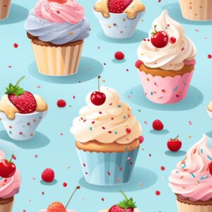 Sweet Delights Illustration: Deliciously Decorated Desserts Seamless Pattern