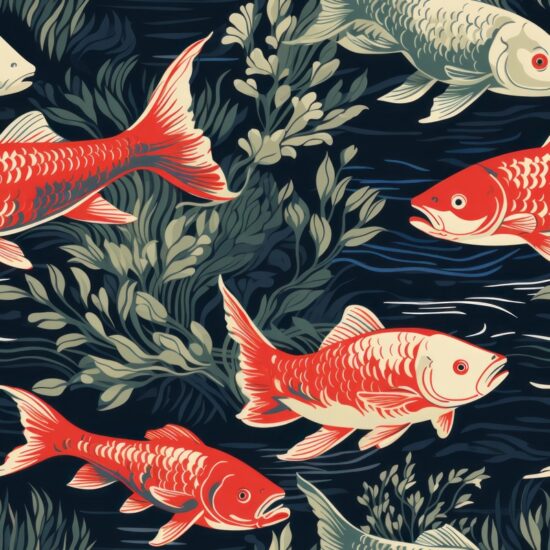 Swimming Fishes - Woodblock Fish Prints Seamless Pattern