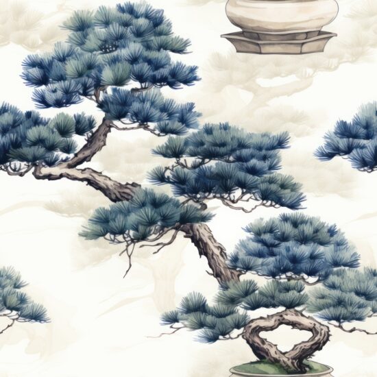 Tranquil Zen Watercolor Bonsai Trees Seamless Pattern