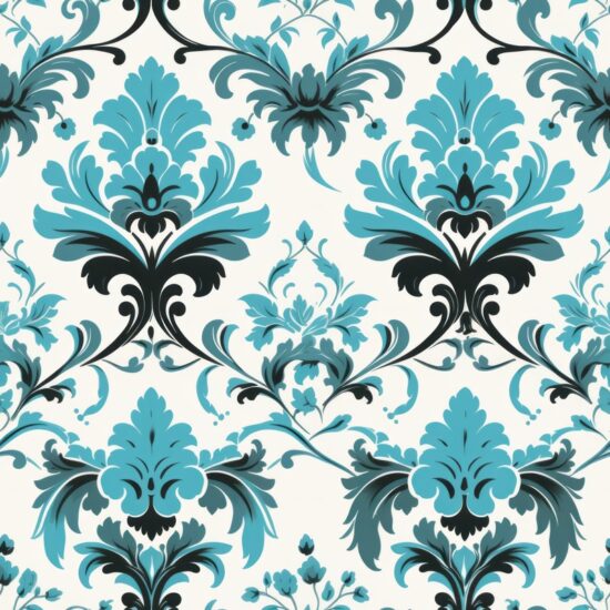 Turquoise Floral Damask on Grey Seamless Pattern