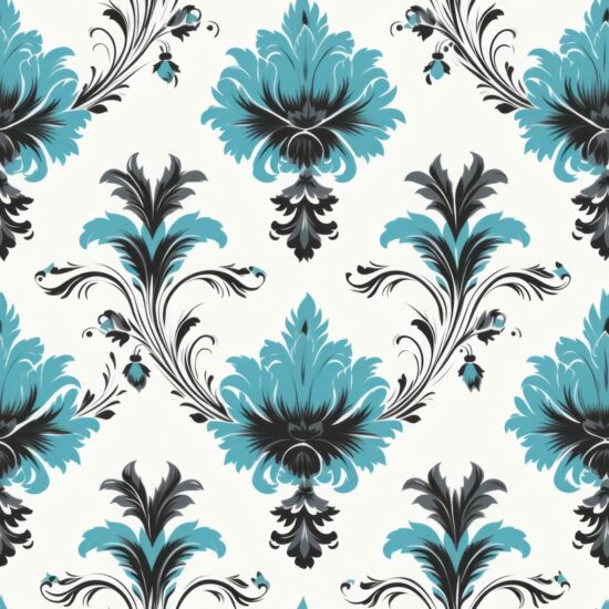 Turquoise Pen and Ink Floral Damask Seamless Pattern