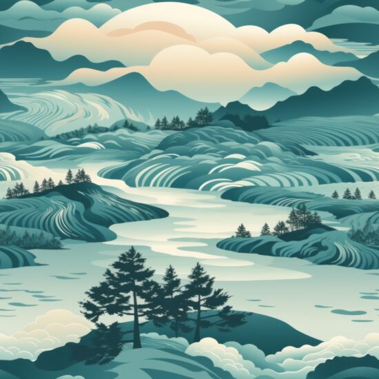 Turquoise Tranquility: Minimalistic Woodcut Landscape Seamless Pattern